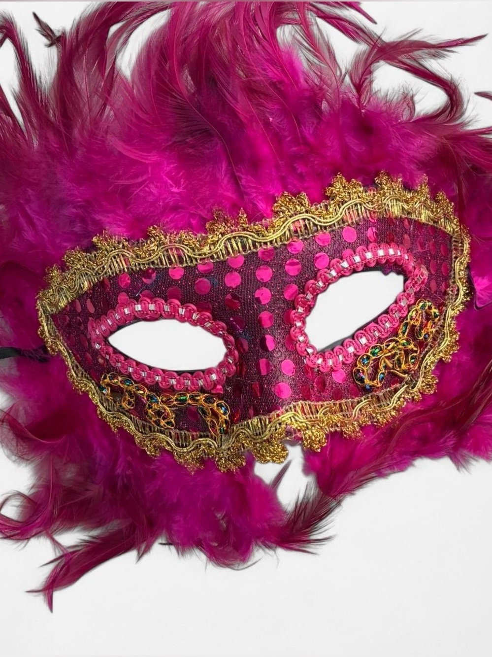 Masquerade Feather Eye Mask - Hot Pink with Gold Trim- Costume
